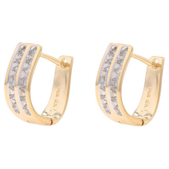 Yellow Gold Diamond Hoop Earrings -14k Round Brilliant .70ctw Double Row Pierced For Sale