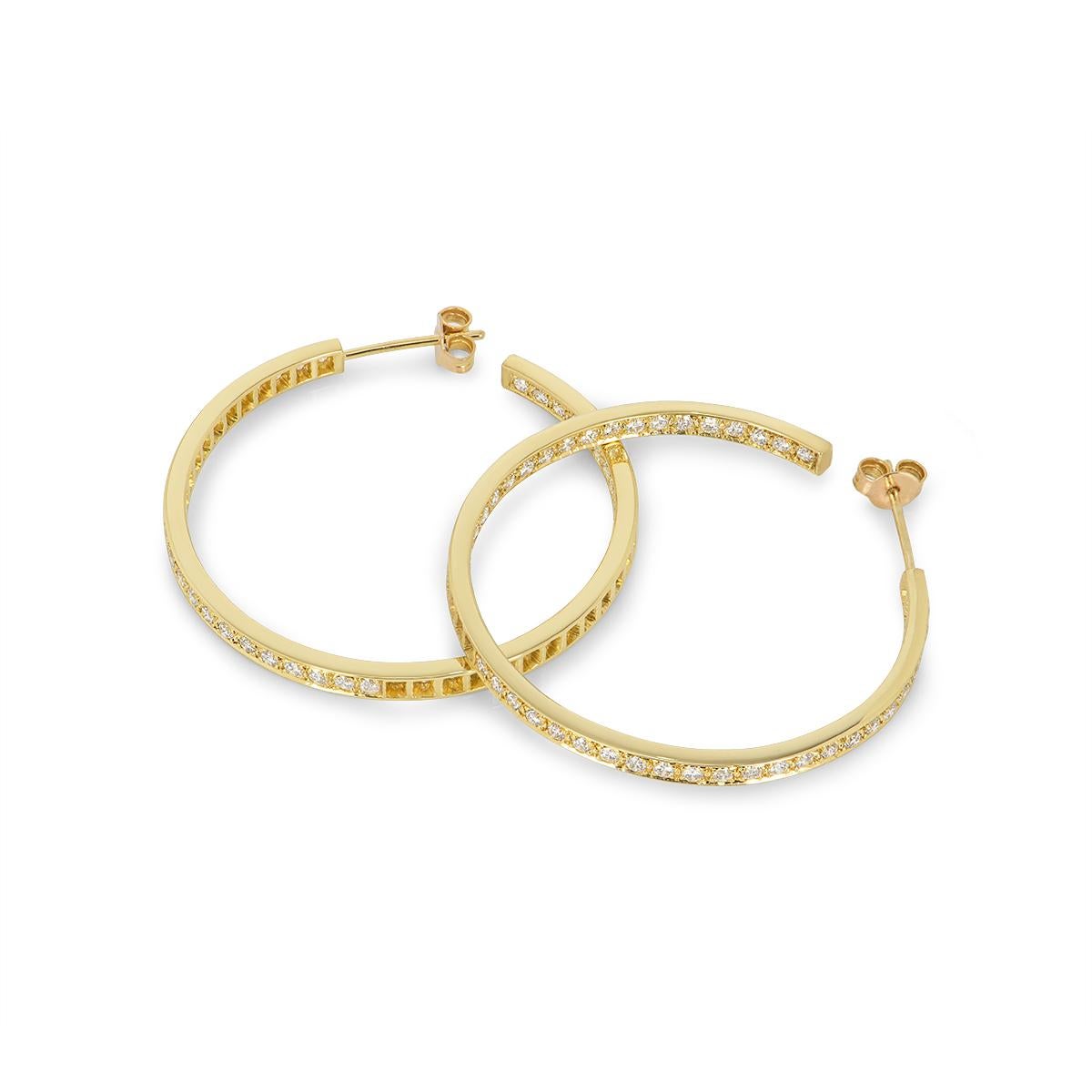 Round Cut Yellow Gold Diamond Hoop Earrings 2.35ct TDW For Sale