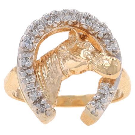 Yellow Gold Diamond Horse & Horseshoe Ring - 14k Rnd .12ctw Equestrian Good Luck For Sale