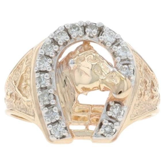 Yellow Gold Diamond Horse Men's Ring - 10k Round .63ctw Equestrian Horseshoe