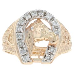 Yellow Gold Diamond Horse Men's Ring - 10k Round .63ctw Equestrian Horseshoe