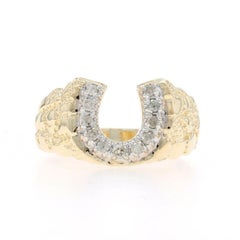 Yellow Gold Diamond Horseshoe Men's Ring - 10k Rd.22ctw Equestrian Good Luck
