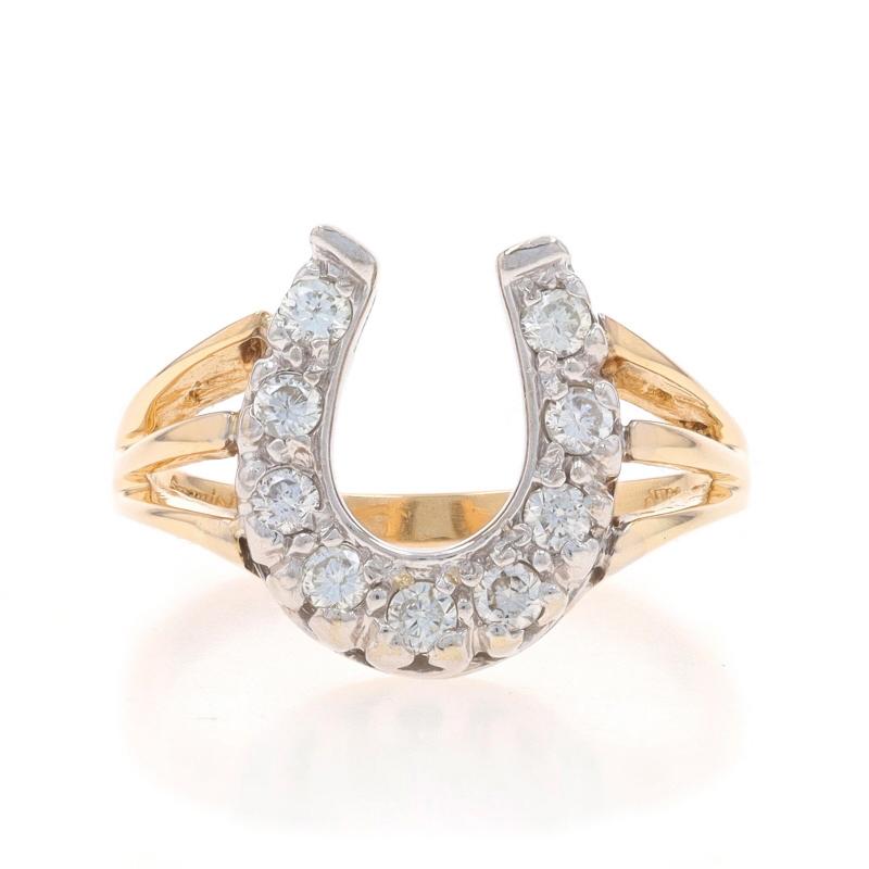 Size: 6
Sizing Fee: Up 3 sizes for $40 or Down 1 size for $30

Metal Content: 14k Yellow Gold & 14k White Gold

Stone Information

Natural Diamonds
Carat(s): .36ctw
Cut: Round Brilliant
Color: H - I
Clarity: SI1 - SI2

Total Carats: .36ctw

Theme: