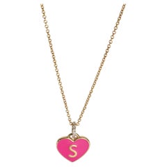 Yellow Gold Diamond Hot Pink Enamel Heart With Initial S Pendant
