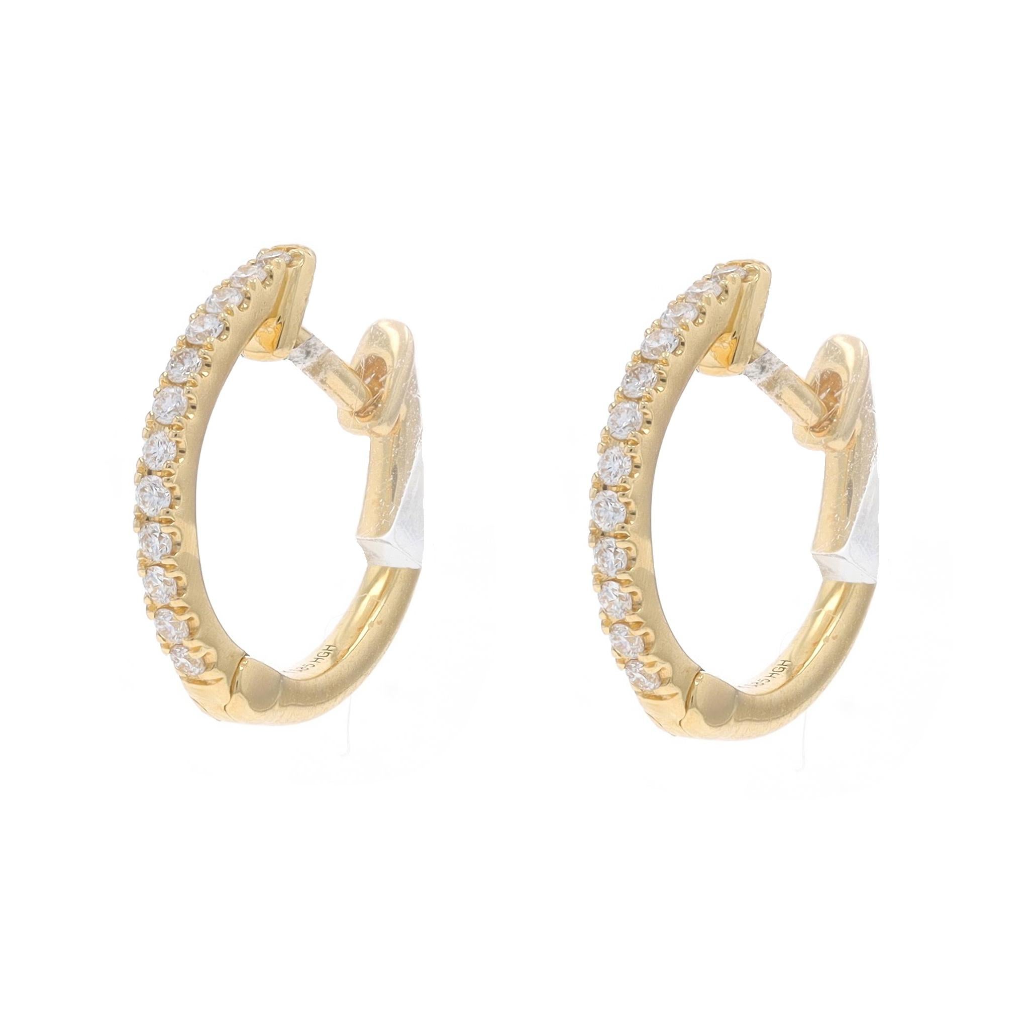 Metal Content: 14k Yellow Gold

Stone Information

Natural Diamonds
Carat(s): .12ctw
Cut: Round Brilliant
Color: G
Clarity: VS2 - SI1

Total Carats: .12ctw

Style: Huggie Hoop
Fastening Type: Snap Closures
Features: French Set
