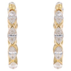 Yellow Gold Diamond Huggie Hoop Earrings - 18k Marquise .95ctw Pierced