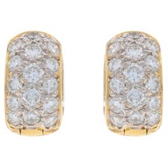 Yellow Gold Diamond Huggie Hoop Earrings - 18k Round 1.00ctw Cluster Pierced