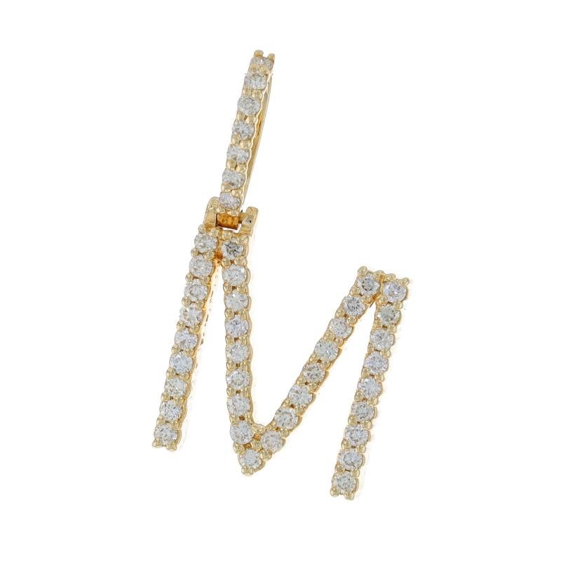Metal Content: 10k Yellow Gold

Stone Information

Natural Diamonds
Carat(s): .63ctw
Cut: Round Brilliant
Color: L - M
Clarity: SI1 - SI2

Total Carats: .63ctw

Theme: Initial M, Monogram Letter

Measurements

Tall (from extended bail): 1 3/32