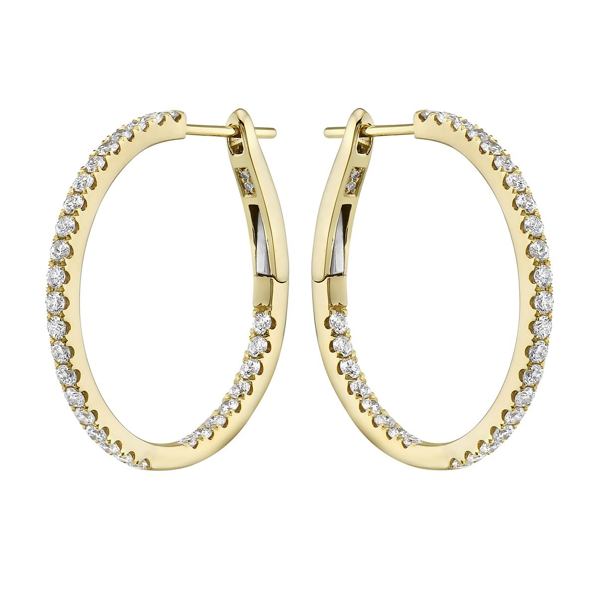 These classic hoops never go out of style and can be worn all the time! These hoops are even more special because the diamonds are on the outside and the inside so you get beautiful sparkle from every angle. There are 62 round SI1-OS12, GH color