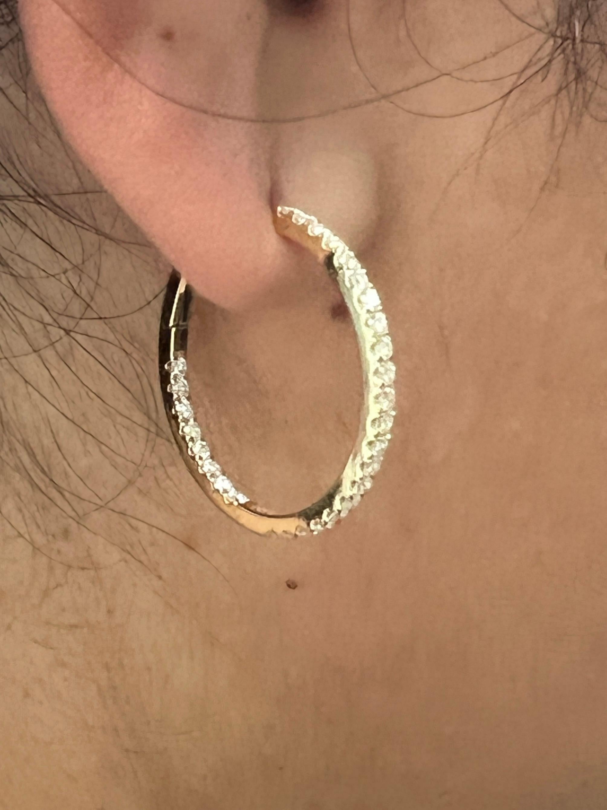 Round Cut Yellow Gold Diamond Inside and Out Hoop Earrings For Sale