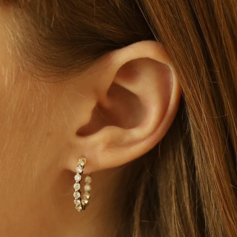 Pendientes de aro de oro amarillo con diamantes dentro-fuera 14k redondos brillantes 1,17ctw perforados Corte redondo