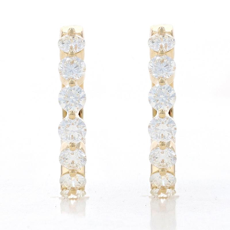 Metal Content: 18k Yellow Gold

Stone Information
Natural Diamonds
Carat(s): 2.08ctw
Cut: Round Brilliant
Color: H - I
Clarity: VS1 - VS2

Total Carats: 2.08ctw

Style: Inside-Out Hoop
Fastening Type: Leverback Closures

Measurements
Tall: 25/32
