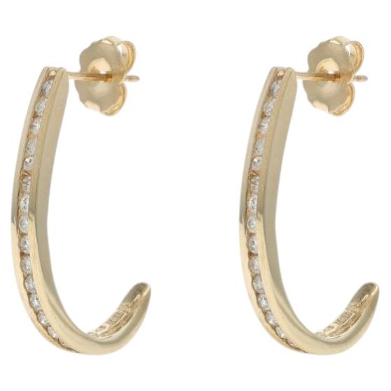 Yellow Gold Diamond J-Hook Earrings - 10k Round .50ctw Channel Set Pierced For Sale