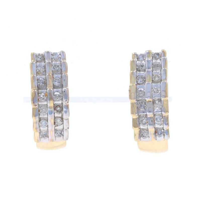 Metal Content: 10k Yellow Gold & 10k White Gold

Stone Information

Natural Diamonds
Carat(s): .20ctw
Cut: Single
Color: I - J
Clarity: SI2 - I1

Total Carats: .20ctw

Style: J-Hook
Fastening Type: Butterfly Closures
Features: Tiered