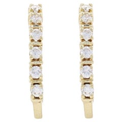 Yellow Gold Diamond J-Hook Earrings - 14k Round .18ctw Hoop-Inspired Pierced