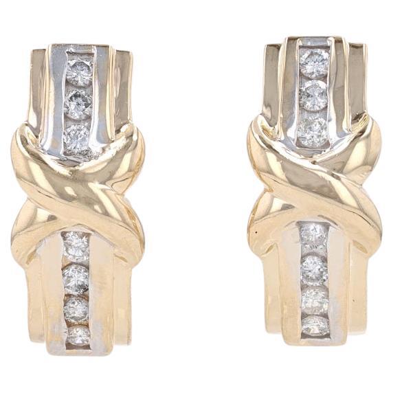 Yellow Gold Diamond J-Hook Earrings - 14k Round .56ctw X Crossover Pierced For Sale