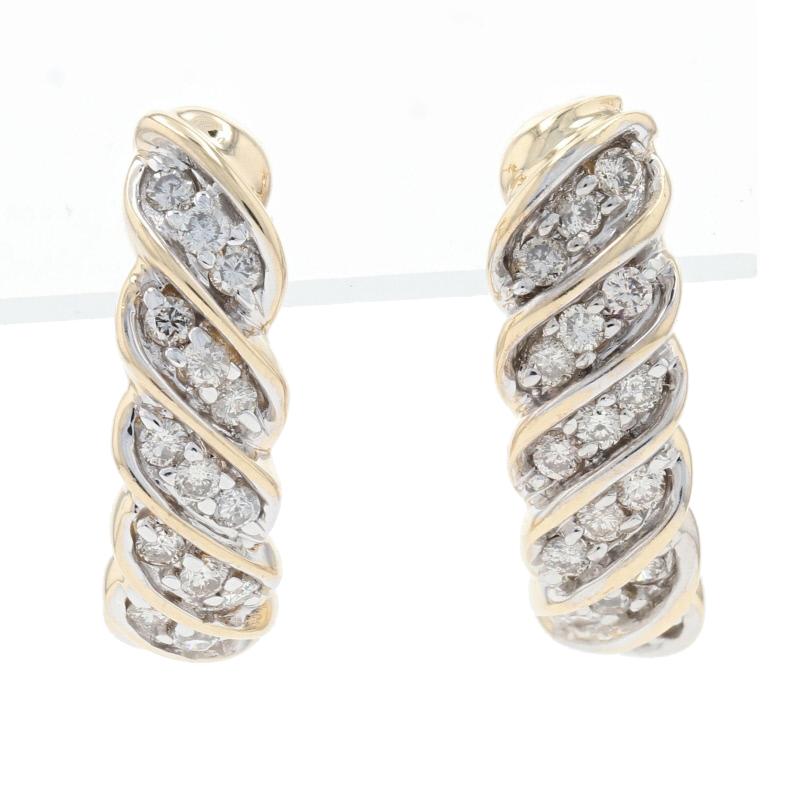Metal Content: 14k Yellow Gold & 14k White Gold

Stone Information: 
Natural Diamonds
Total Carats: 1.00ctw
Cut: Round Brilliant 
Color: I - J
Clarity: I1

Style: J-Hook
Fastening Type: Butterfly Closures
Theme: Twist

Measurements: 
Tall: 27/32