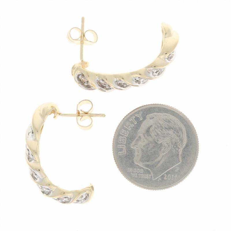 Round Cut Yellow Gold Diamond J-Hook Twist Earrings, 14k Round Brilliant 1.00ctw Pierced For Sale