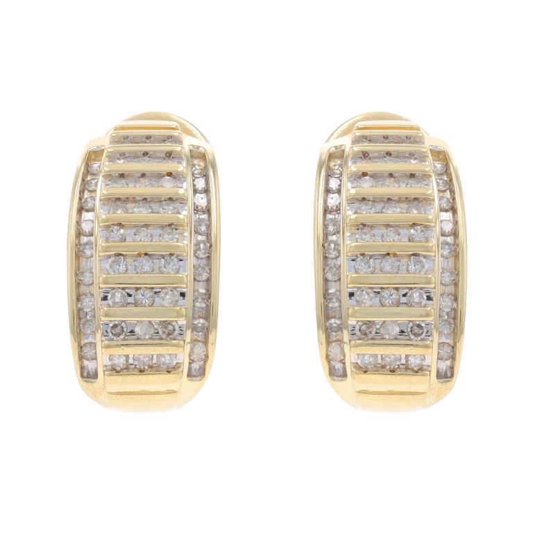 Metal Content: 10k Yellow Gold & 10k White Gold

Stone Information

Natural Diamonds
Carat(s): 1.00ctw
Cut: Single
Color: H - I - J
Clarity: I1 - I2

Total Carats: 1.00ctw

Style: J-Hoop
Fastening Type: Omega Closures
Theme: