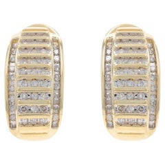 Yellow Gold Diamond J-Hoop Earrings - 10k Single 1.00ctw Stripes Pierced