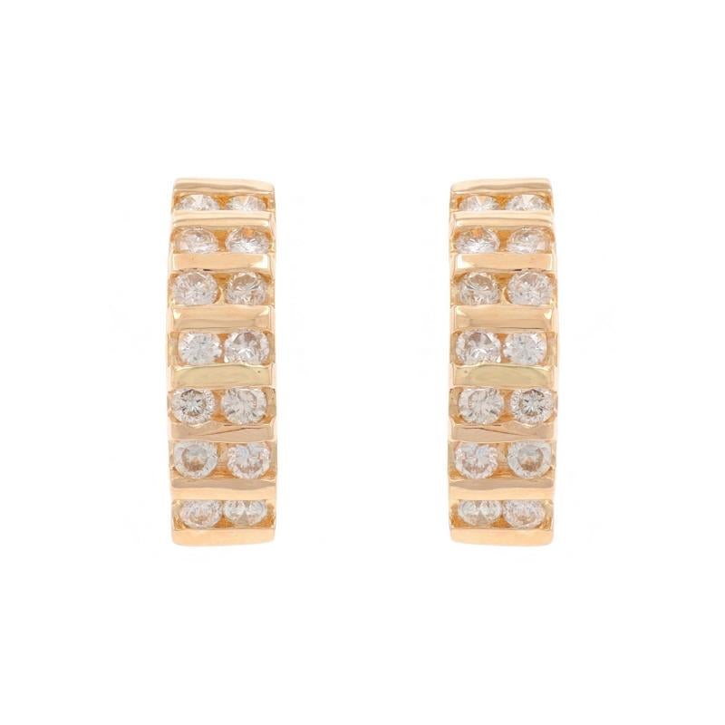 Metal Content: 14k Yellow Gold

Stone Information
Natural Diamonds
Carat(s): 1.20ctw
Cut: Round Brilliant
Color: Champagne
Clarity: I1 - I2

Total Carats: 1.20ctw

Style: J-Hoop
Fastening Type: Omega Closures
Features: Channel Set