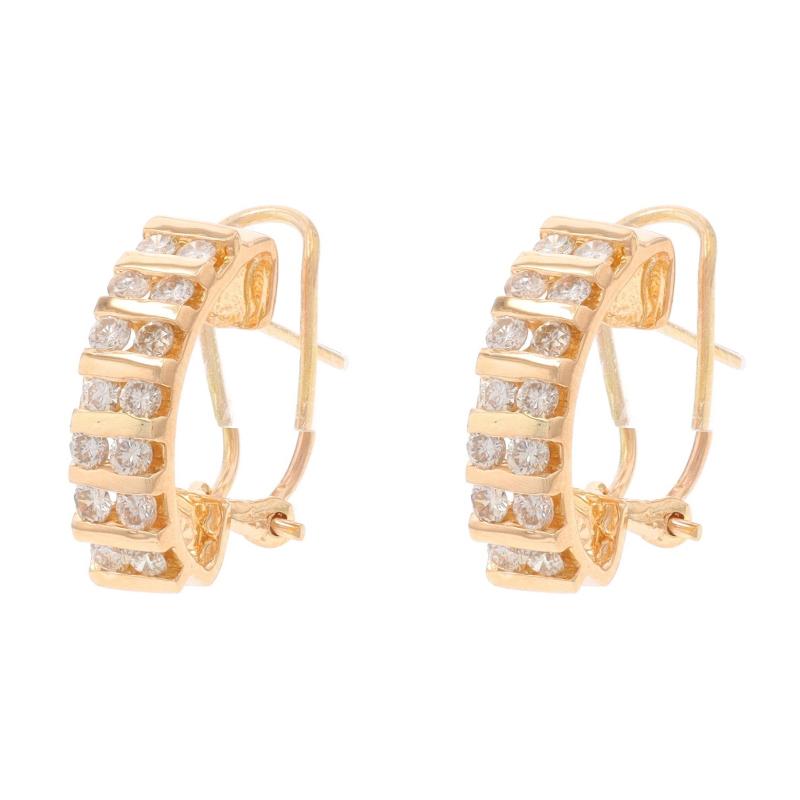 Round Cut Yellow Gold Diamond J-Hoop Earrings - 14k Round Brilliant 1.20ctw Pierced For Sale
