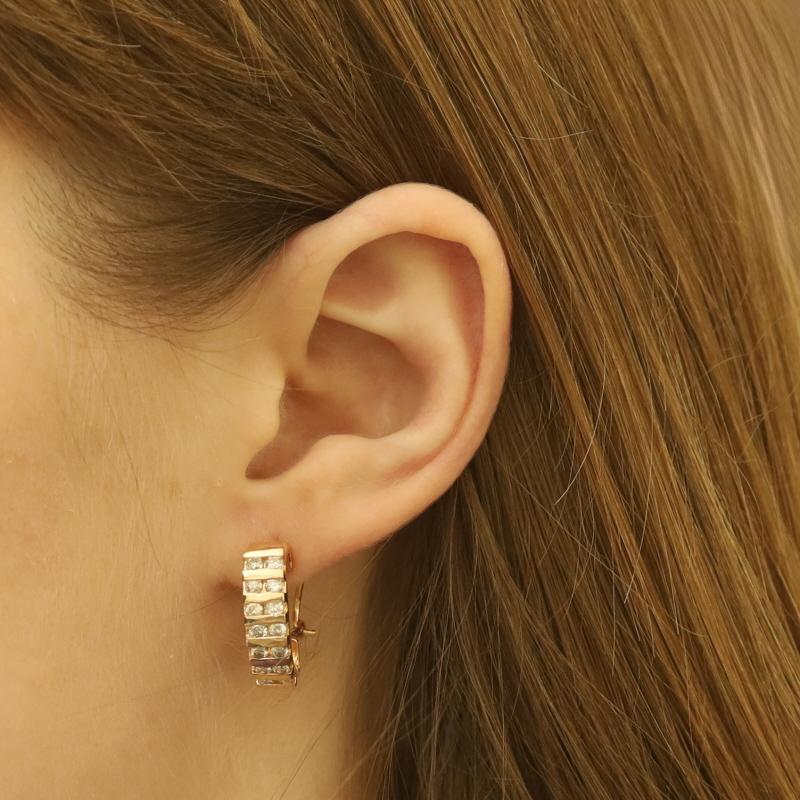 Yellow Gold Diamond J-Hoop Earrings - 14k Round Brilliant 1.20ctw Pierced In Good Condition For Sale In Greensboro, NC