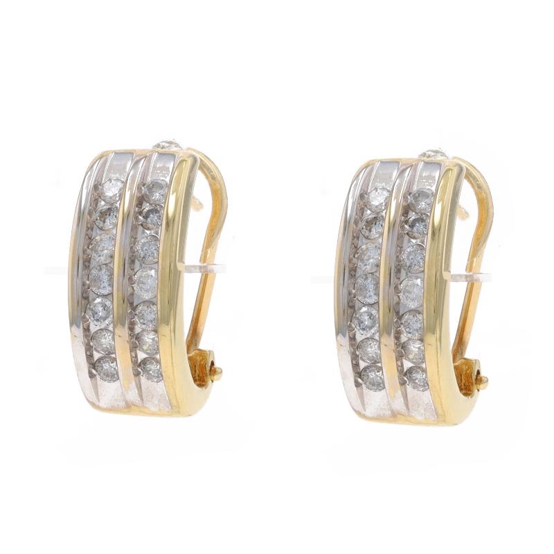 Metal Content: 14k Yellow Gold & 14k White Gold

Stone Information

Natural Diamonds
Carat(s): .50ctw
Cut: Round Brilliant
Color: I - J
Clarity: I1 - I2

Total Carats: .50ctw

Style: J-Hoop
Fastening Type: Omega Closures

Measurements

Tall: 19/32