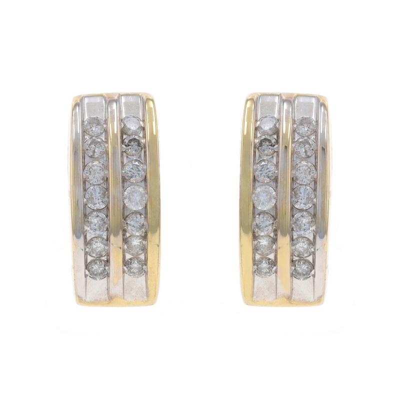 Round Cut Yellow Gold Diamond J-Hoop Earrings - 14k Round Brilliant .50ctw Pierced For Sale