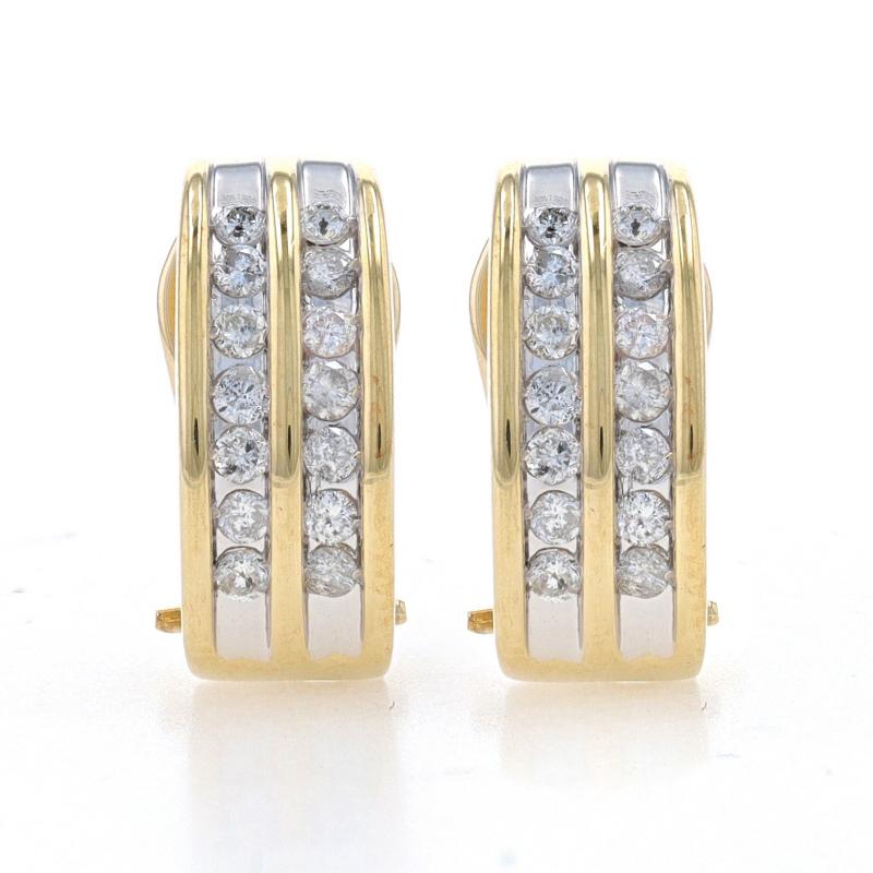 Metal Content: 14k Yellow Gold & 14k White Gold

Stone Information

Natural Diamonds
Carat(s): .50ctw
Cut: Round Brilliant
Color: G - H
Clarity: SI2 - I1

Total Carats: .50ctw

Style: J- Hoop
Fastening Type: Omega Closures
Theme: