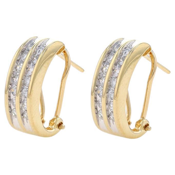Yellow Gold Diamond J- Hoop Earrings 14k Round Brilliant .50ctw Stripes Pierced For Sale