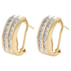 Yellow Gold Diamond J- Hoop Earrings 14k Round Brilliant .50ctw Stripes Pierced