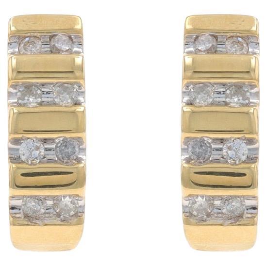 Yellow Gold Diamond J-Hoop Earrings - 14k Single Cut .25ctw Stripes Pierced
