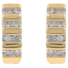 Yellow Gold Diamond J-Hoop Earrings - 14k Single Cut .25ctw Stripes Pierced