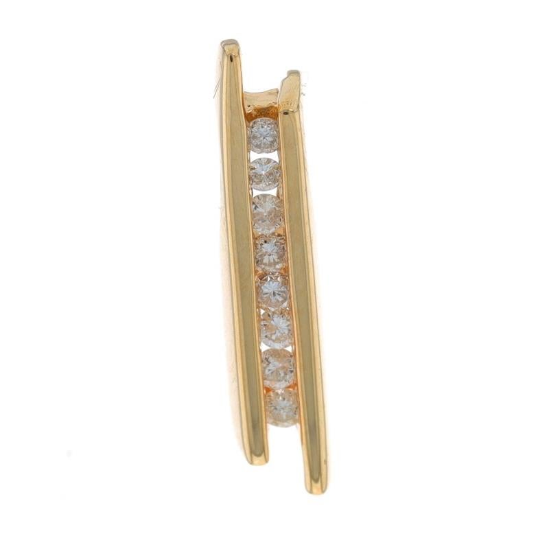 Metal Content: 14k Yellow Gold

Stone Information

Natural Diamonds
Carat(s): .24ctw
Cut: Round Brilliant
Color: G - H
Clarity: SI2 - I1

Total Carats: .24ctw

Style: Journey
Theme: Love
Features: Channel Set Stones

Measurements

Tall: 27/32