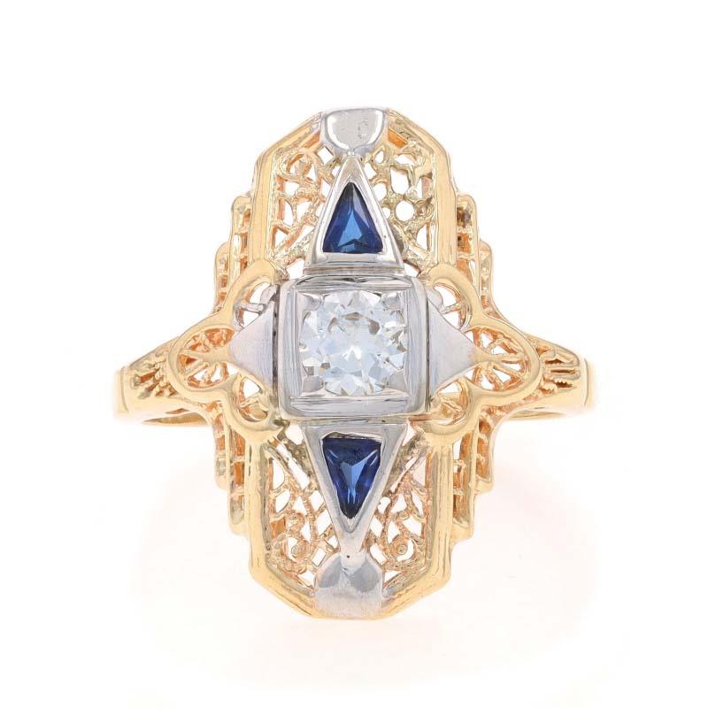 Size: 8
Sizing Fee: Up 2 sizes for $50 or Down 1 size for $40

Era: Art Deco
Date: 1930s - 1940s

Metal Content: 14k Yellow Gold & 14k White Gold

Stone Information

Natural Diamond
Carat(s): .40ct
Cut: European
Color: H
Clarity: VS2

Synthetic