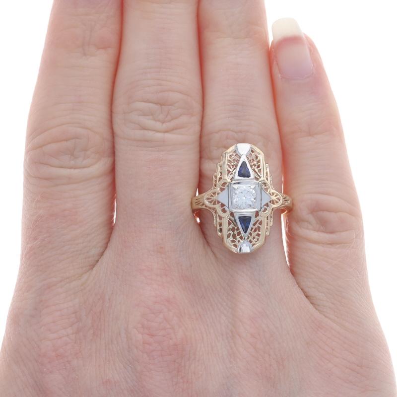 Old European Cut Yellow Gold Diamond Lab-Created Sapphire Art Deco Ring - 14k Euro .40ct Vintage For Sale