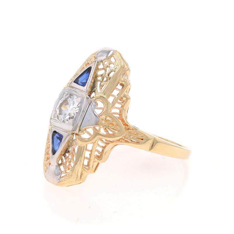 Yellow Gold Diamond Lab-Created Sapphire Art Deco Ring - 14k Euro .40ct Vintage In Excellent Condition For Sale In Greensboro, NC