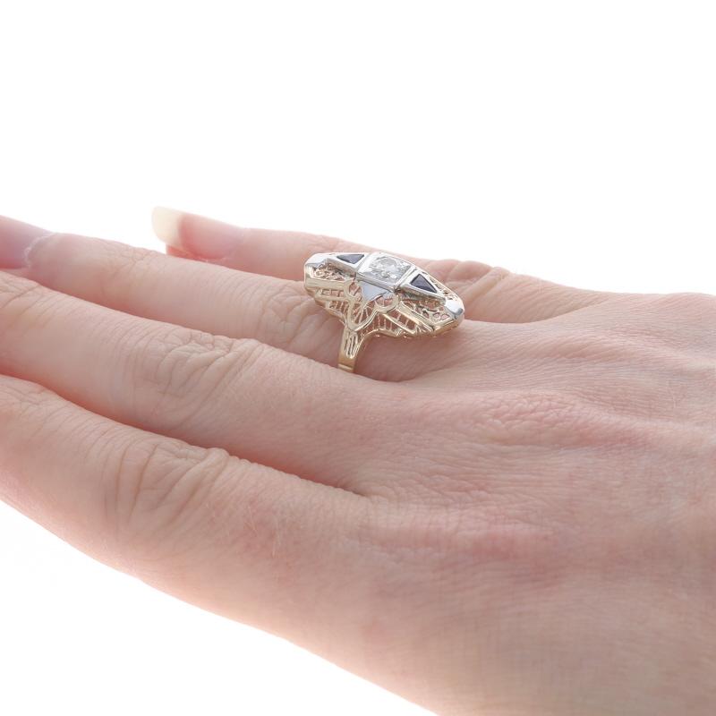 Women's Yellow Gold Diamond Lab-Created Sapphire Art Deco Ring - 14k Euro .40ct Vintage For Sale