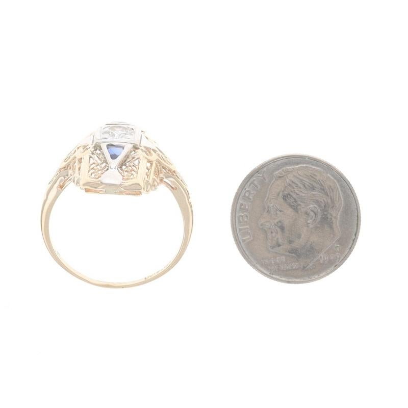 Yellow Gold Diamond Lab-Created Sapphire Art Deco Ring - 14k Euro .40ct Vintage For Sale 1