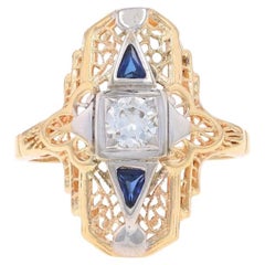 Yellow Gold Diamond Lab-Created Sapphire Art Deco Ring - 14k Euro .40ct Vintage