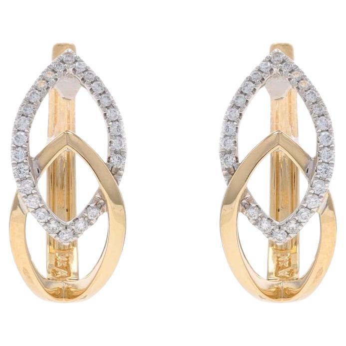 Yellow Gold Diamond Leaf Duo Hoop Earrings - 14k Round .25ctw Botanical Pierced