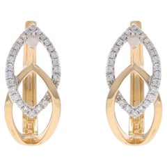 Yellow Gold Diamond Leaf Duo Hoop Earrings - 14k Round .25ctw Botanical Pierced