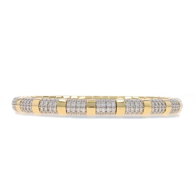 Metal Content: 14k Yellow Gold & 14k White Gold

Stone Information

Natural Diamonds
Carat(s): 1.91ctw
Cut: Round Brilliant
Color: G - H
Clarity: SI1 - SI2

Total Carats: 1.91ctw

Bracelet Style: Link Bangle
Fastening Type: Slides Over