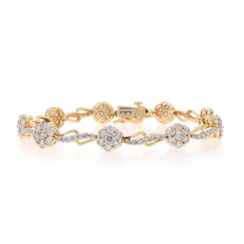 Metal Content: 14k Yellow Gold & 14k White Gold

Stone Information

Natural Diamonds
Carat(s): 5.40ctw
Cut: Round Brilliant
Color: G - H
Clarity: I1 - I2

Total Carats: 5.40ctw

Style: Link
Fastening Type: Tongue Box Clasp with One Side Safety