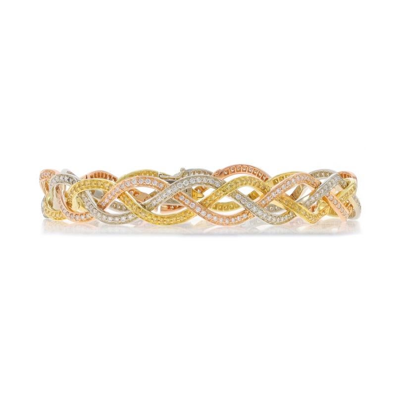 Metal Content: 14k Yellow Gold & 14k White Gold

Stone Information

Natural Diamonds
Carat(s): 5.00ctw
Cut: Single & Baguette
Color: F - G - H
Clarity: SI1 - I1
Stone Note: carat weight stamped

Total Carats: 5.00ctw

Bracelet Style:
