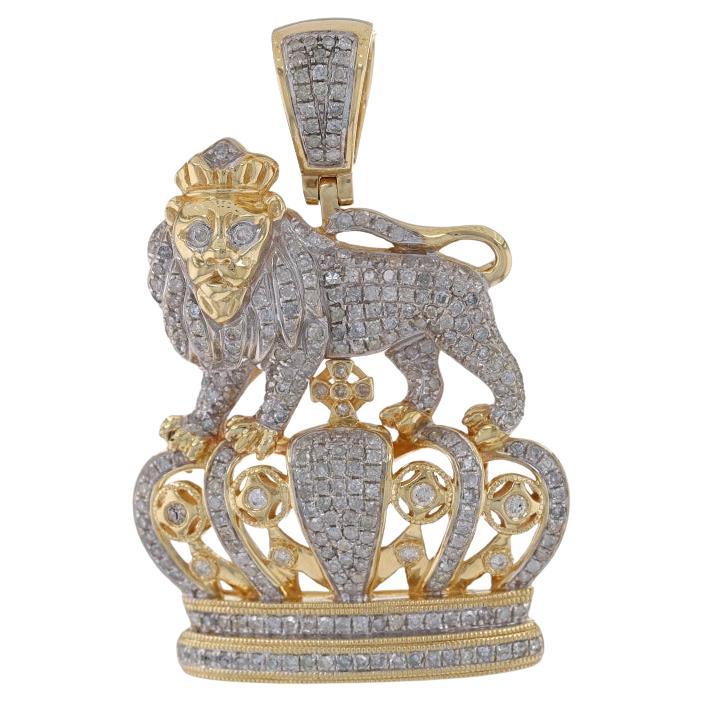 Yellow Gold Diamond Lion Rastafarian King Men's Pendant 10k 1.20ctw Crown Bling For Sale