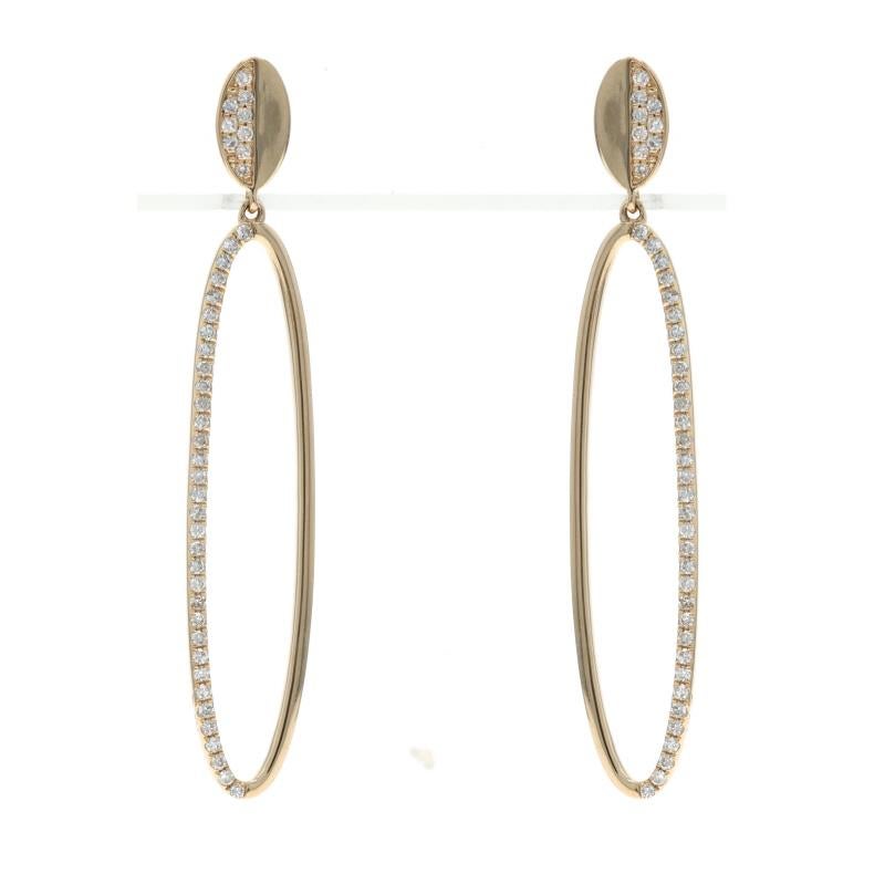 Metal Content: 14k Yellow Gold

Stone Information

Natural Diamonds
Carat(s): .23ctw
Cut: Single
Color: G
Clarity: VS1 - VS2

Total Carats: .23ctw

Style: Dangle
Fastening Type: Butterfly Closures
Theme: Long Oval

Measurements

Tall: 1 19/32