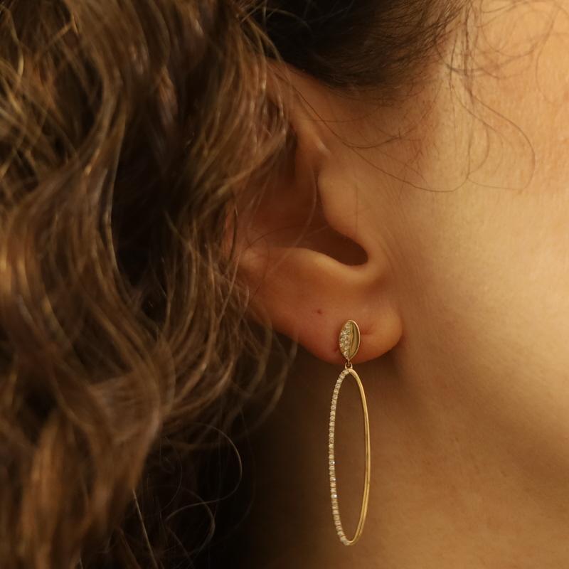Oval Cut Yellow Gold Diamond Long Oval Dangle Earrings 14k Single .23ctw Pierced For Sale