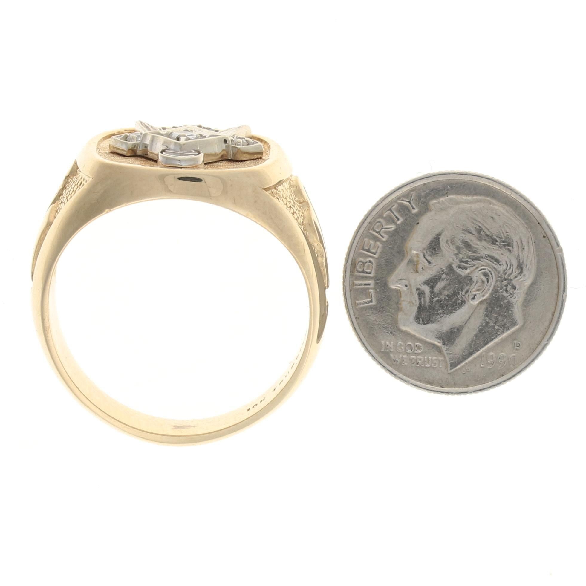 Women's or Men's Yellow Gold Diamond Masonic Blue Lodge Ring 10k Square Compass Plumb Line.10ctw